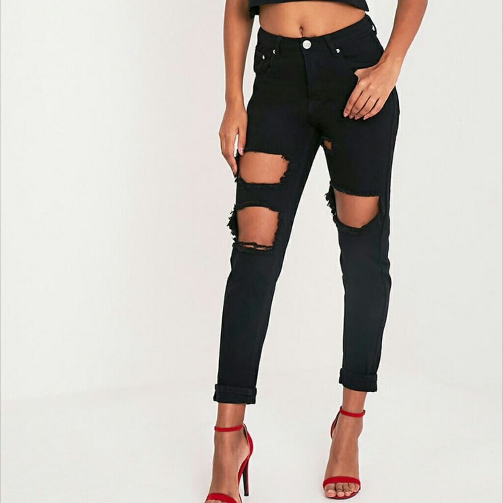 Black High Waisted Distressed Mom Jeans
